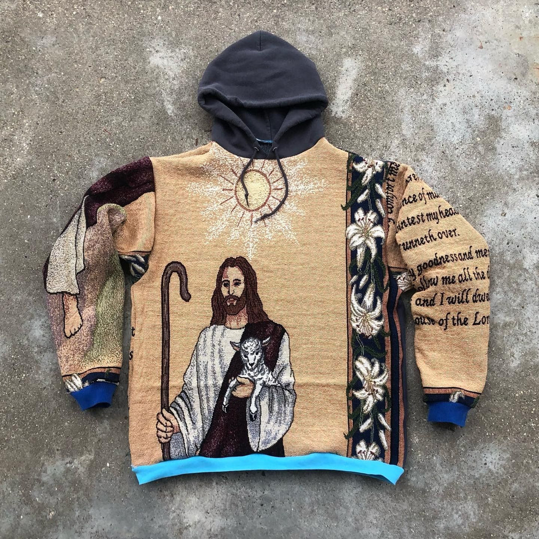 Trendy Retro Jesus Print Color Block Hoodie - boasready