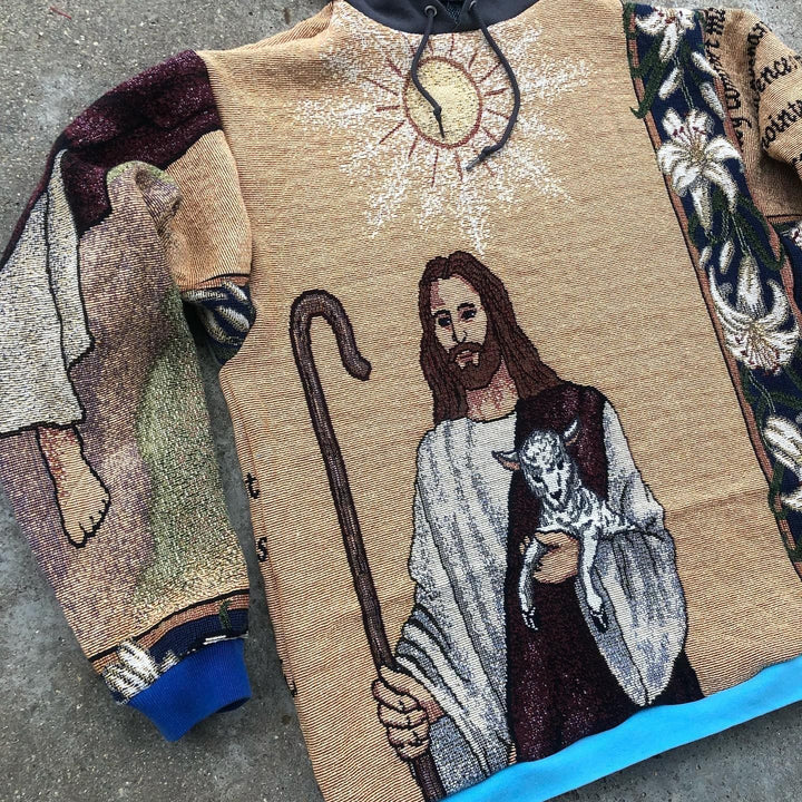 Trendy Retro Jesus Print Color Block Hoodie - boasready