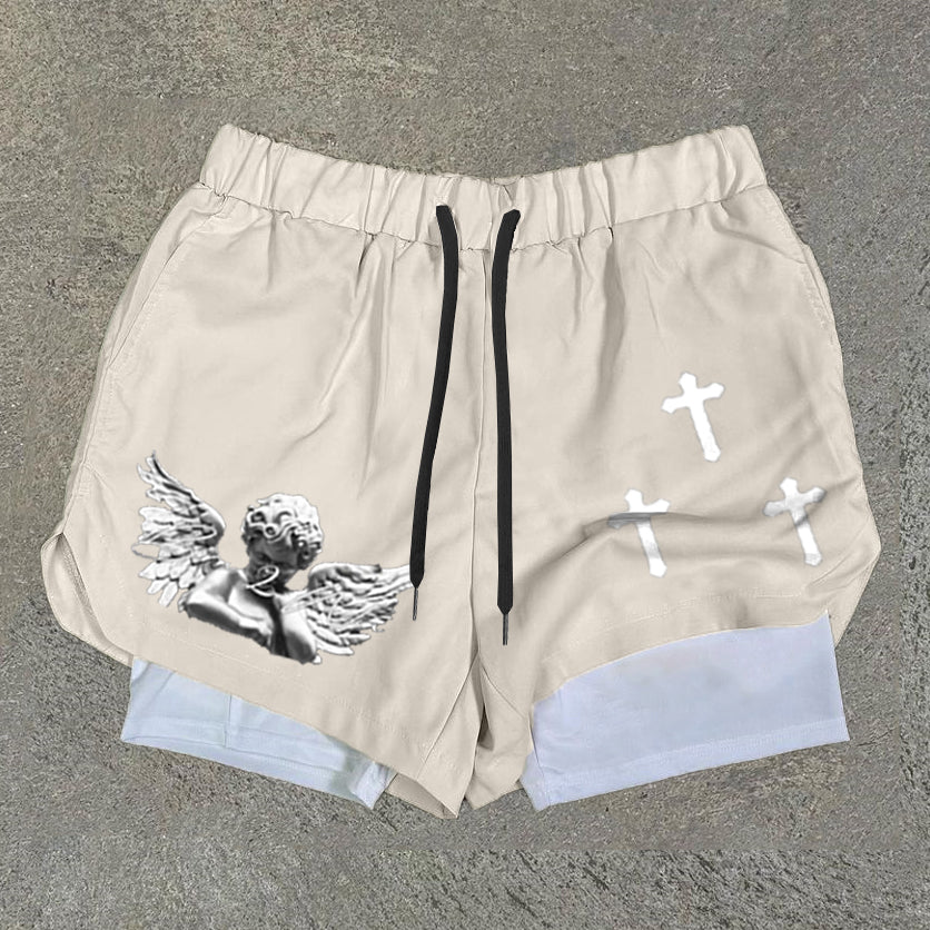 Angel & Cross Print Double Layer Quick Dry Shorts