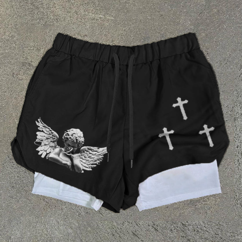 Angel & Cross Print Double Layer Quick Dry Shorts