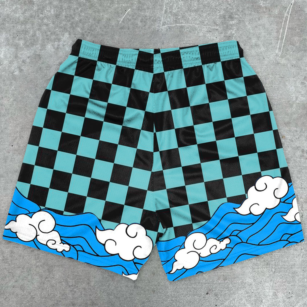 Japanese plaid print casual mesh shorts