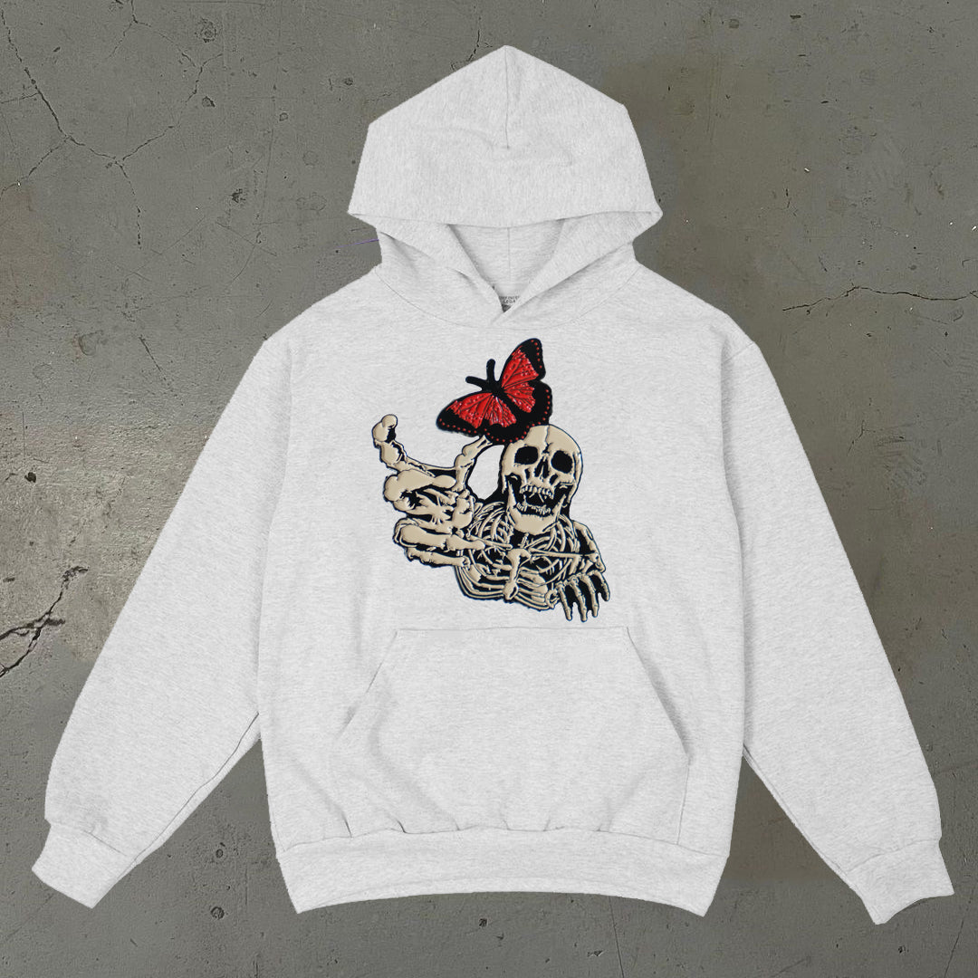 Skull Butterfly Print Long Sleeve Hoodie - boasready