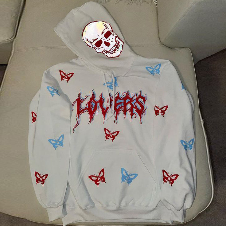 Fashionable Personalized Print Butterfly Skull Long Sleeve Loose Hoodie - boasready