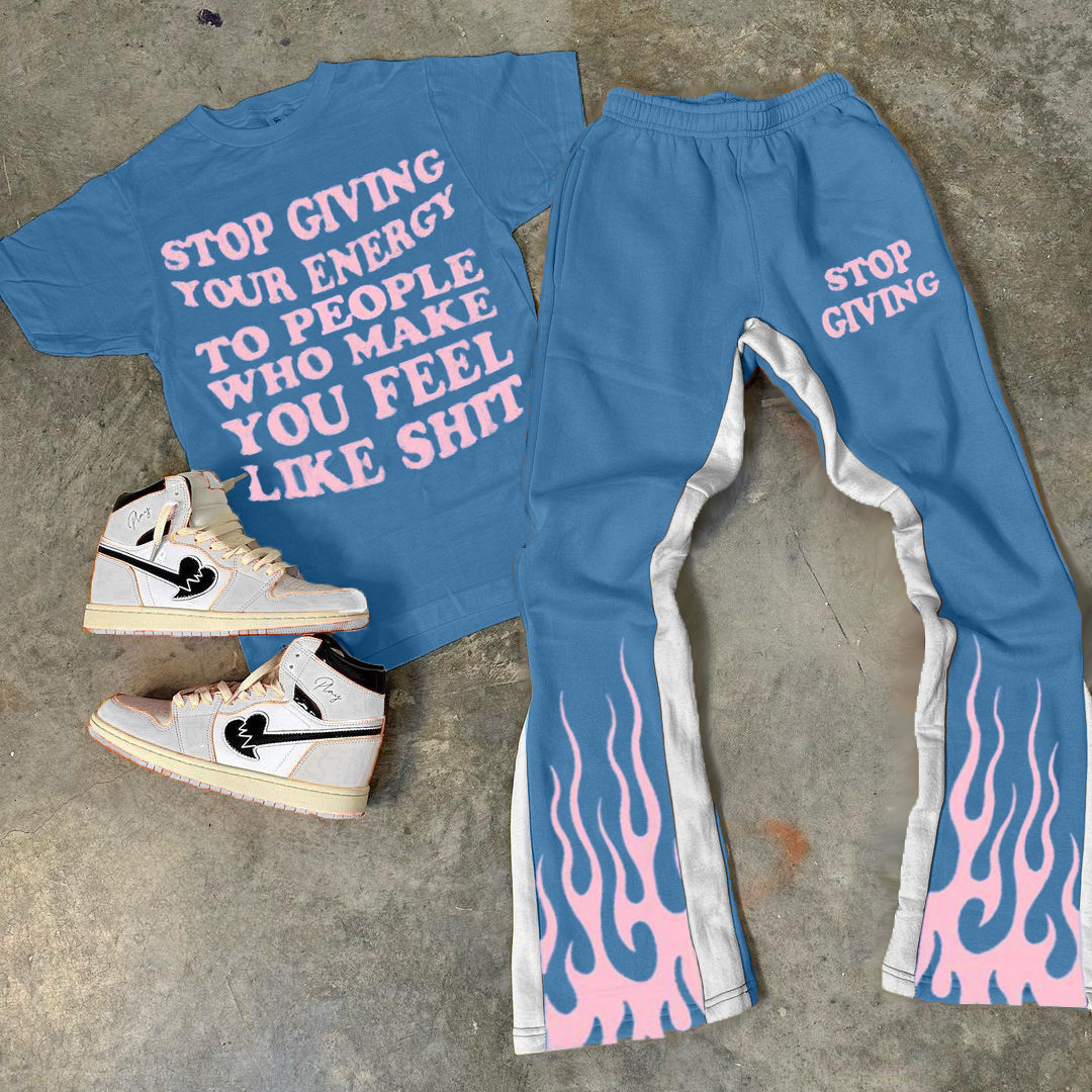 Flame Letters Print T-Shirt Trousers Two-Piece Set