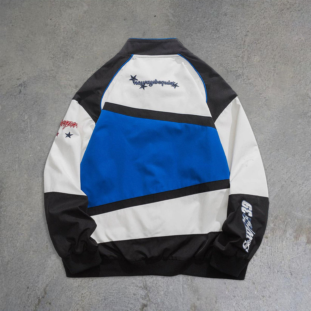 irregular colorblock print racing jacket - boasready