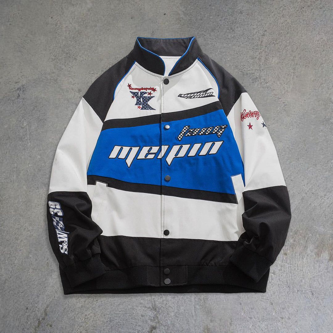 irregular colorblock print racing jacket - boasready