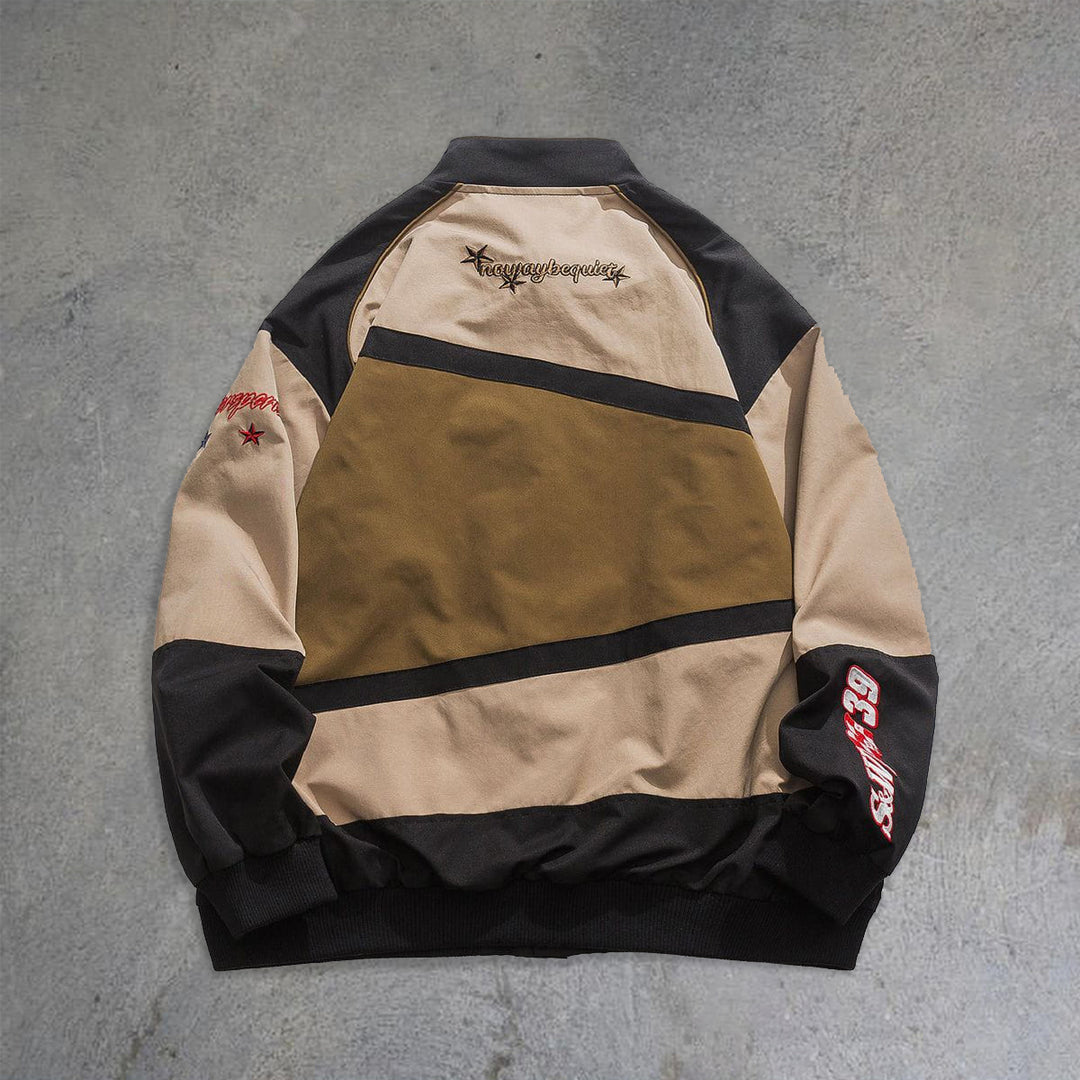 irregular colorblock print racing jacket - boasready