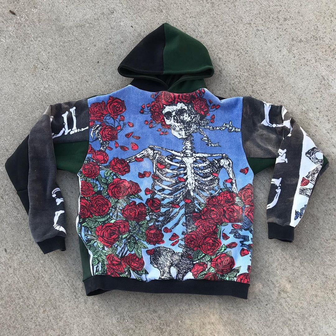 Fashion personality rose skull color block retro hoodie - boasready