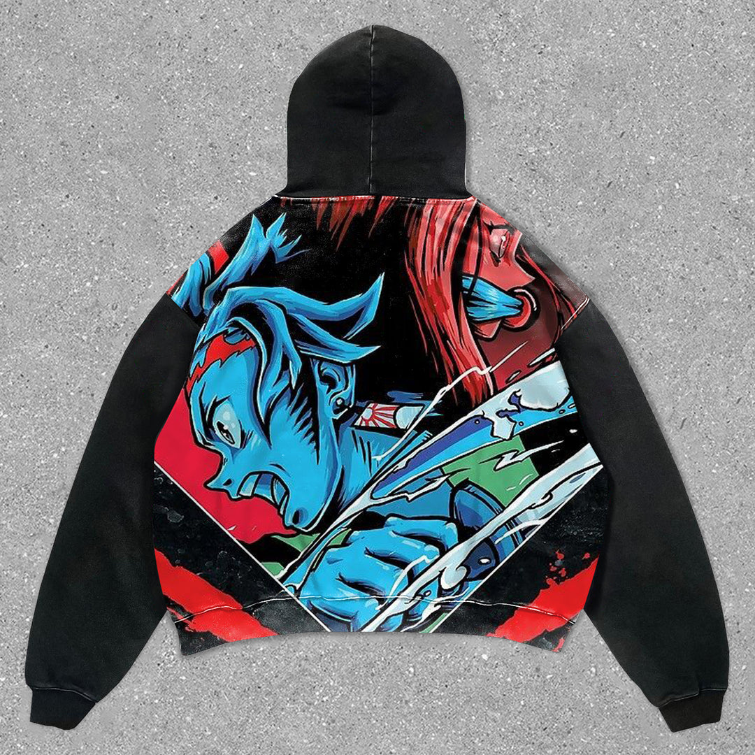 Relaxed Anime Print Preppy Hoodie - boasready