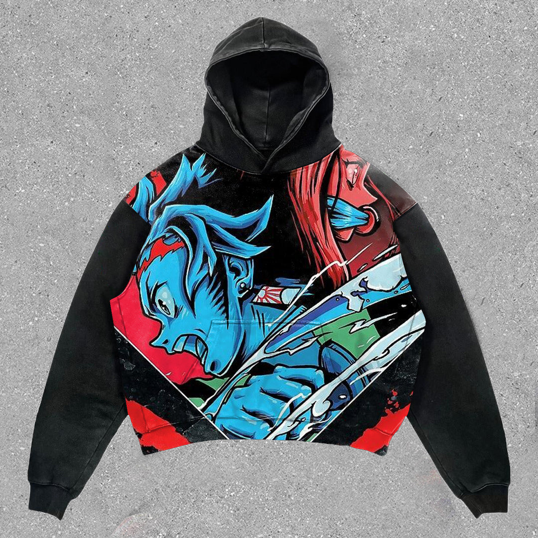 Relaxed Anime Print Preppy Hoodie - boasready