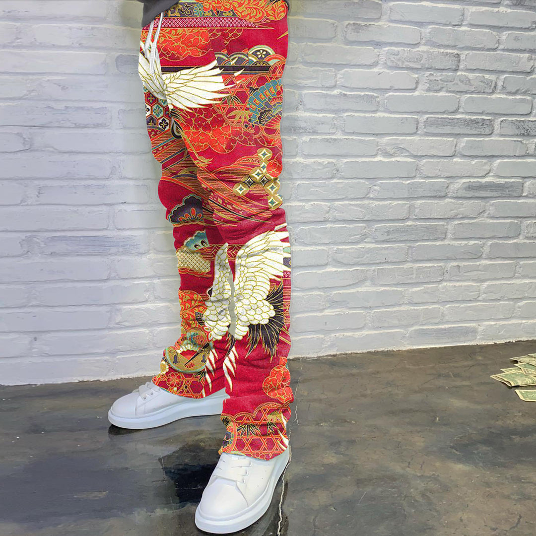 Trendy Japanese style white crane print flared trousers - boasready