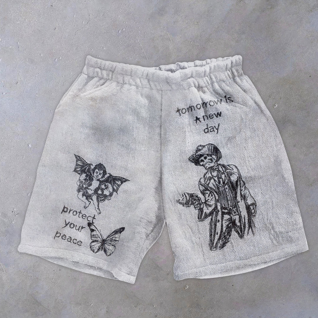 Retro Casual Angel Skull Print Shorts - boasready