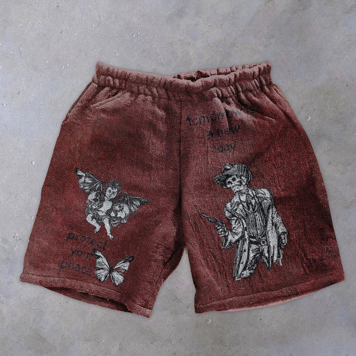 Retro Casual Angel Skull Print Shorts - boasready