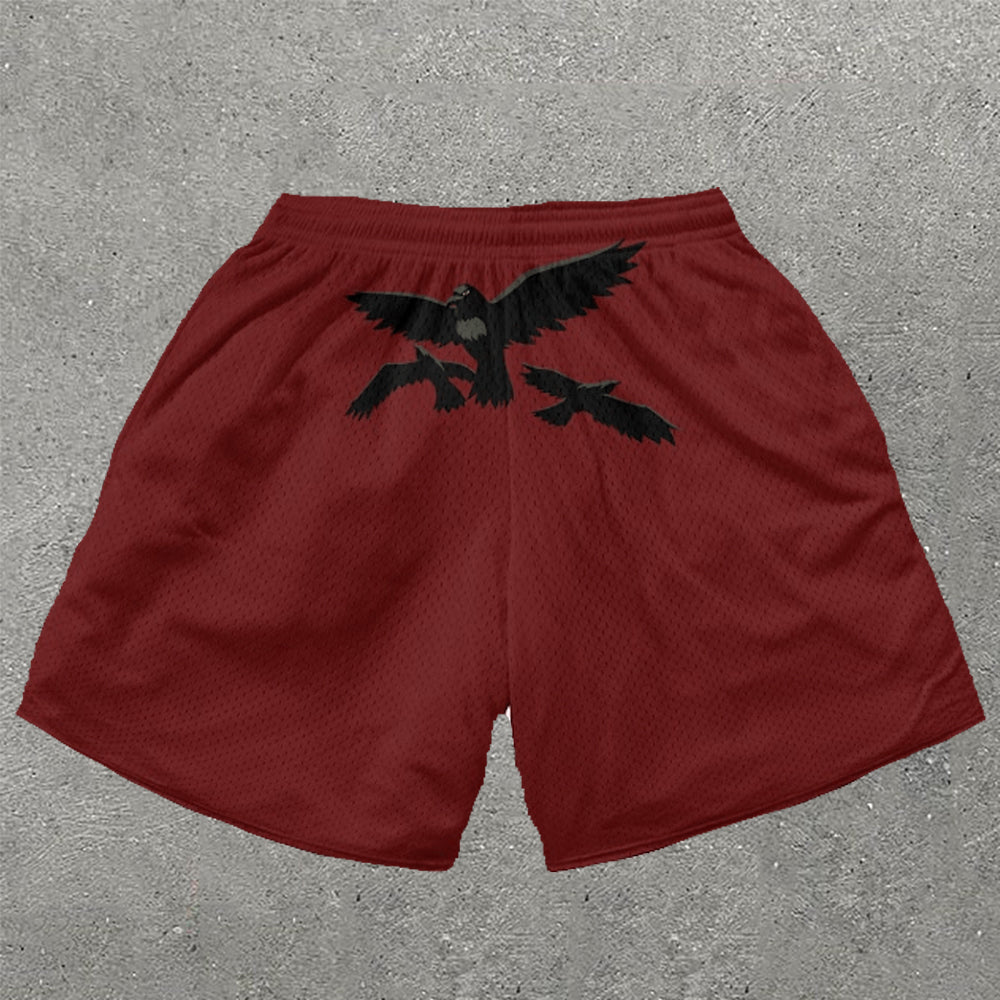 Casual Crow Print Mesh Shorts - boasready