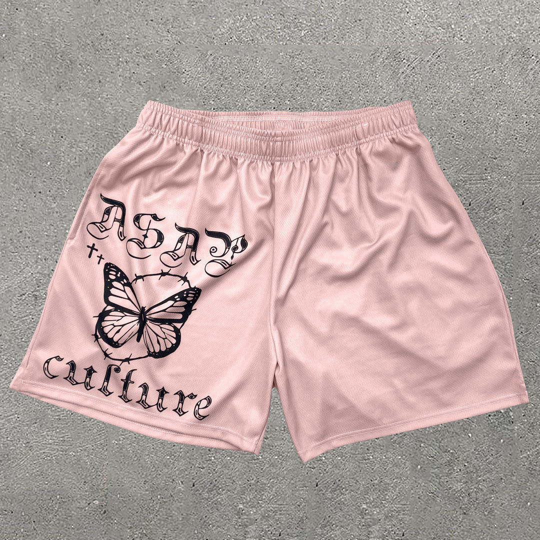 Casual Butterfly & Letters Print Mesh Shorts - boasready