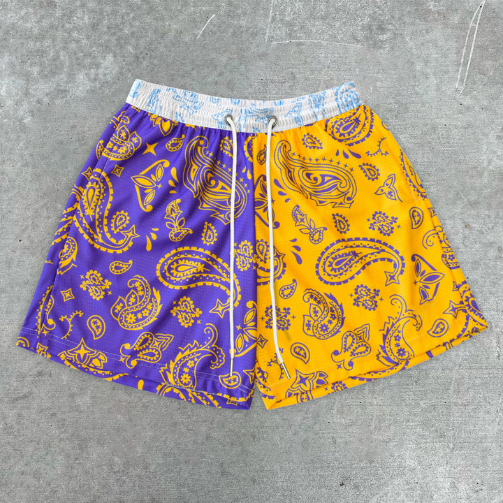 Paisley print paneled color contrast shorts