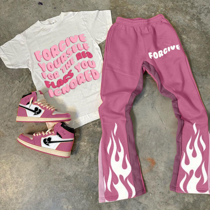 Alphabet Flame Print T-Shirt Trousers Two-Piece Set