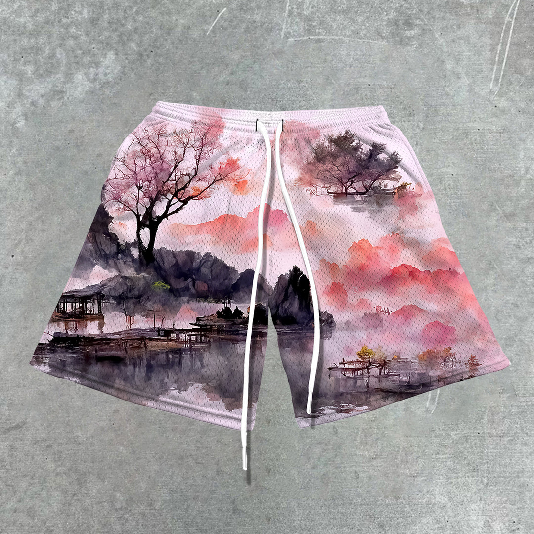 Pink Artwork Mesh Shorts - boasready