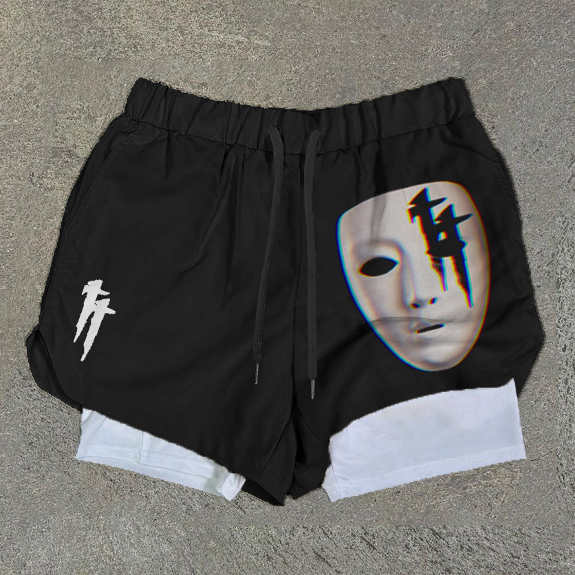 Mask Cross Print Double Layer Quick Dry Shorts