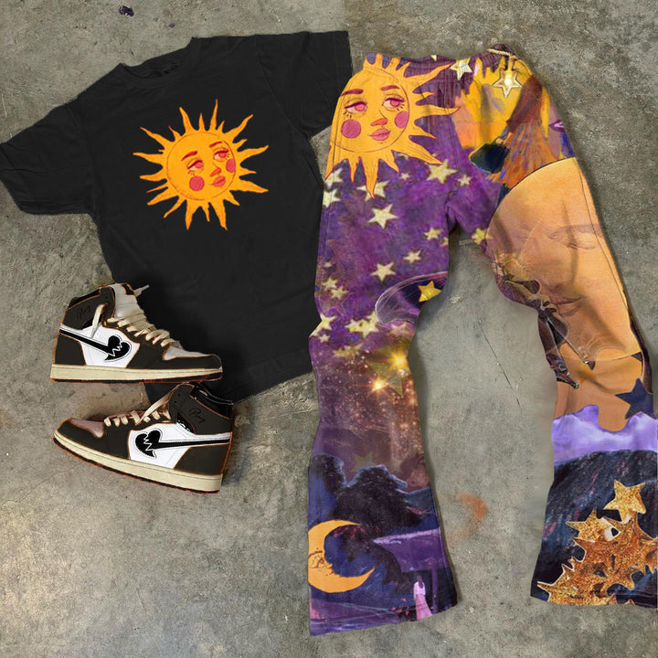 Sun Print T-Shirt Trousers Two-Piece Set