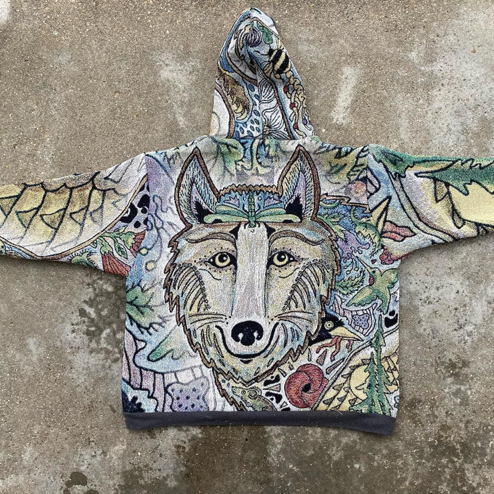 Vintage Fashion Wolf Print Long Sleeve Loose Hoodie - boasready