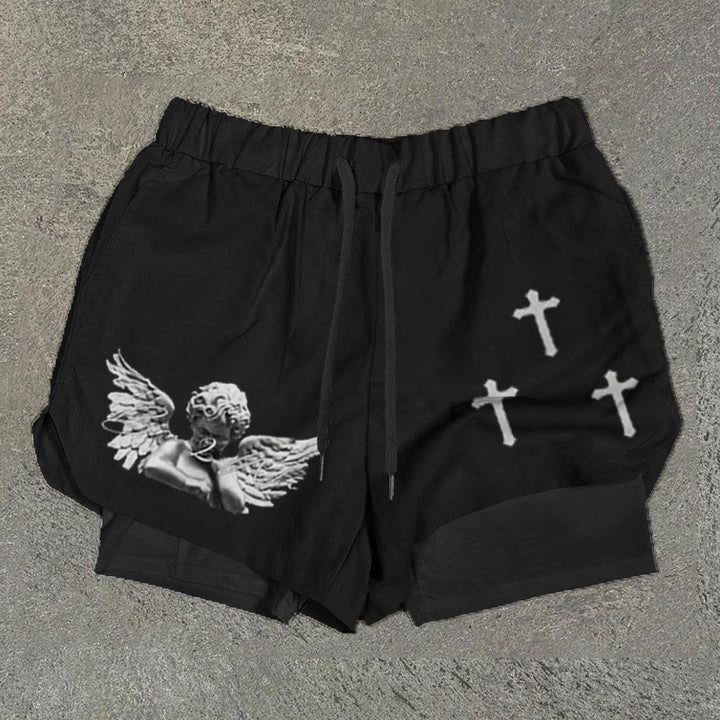 Angel & Cross Print Double Layer Quick Dry Shorts