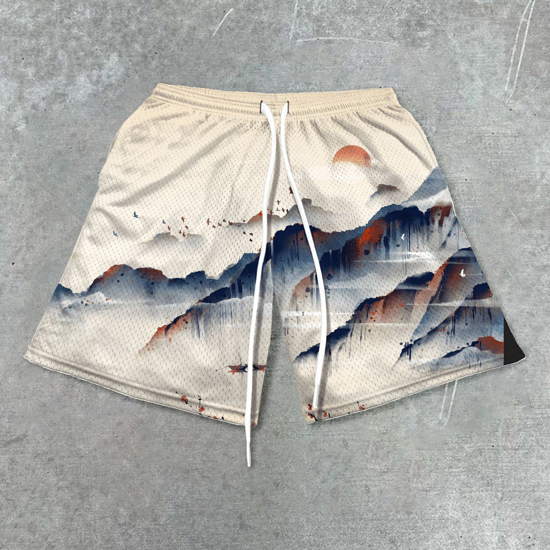 Landscape painting vintage print mesh shorts - boasready