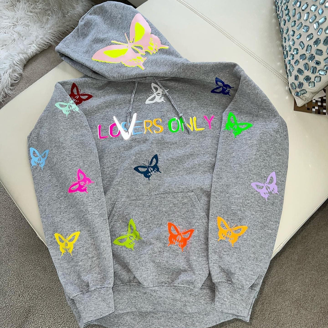 Fashionable and personalized preppy color-block butterfly print long-sleeved loose hoodie - boasready