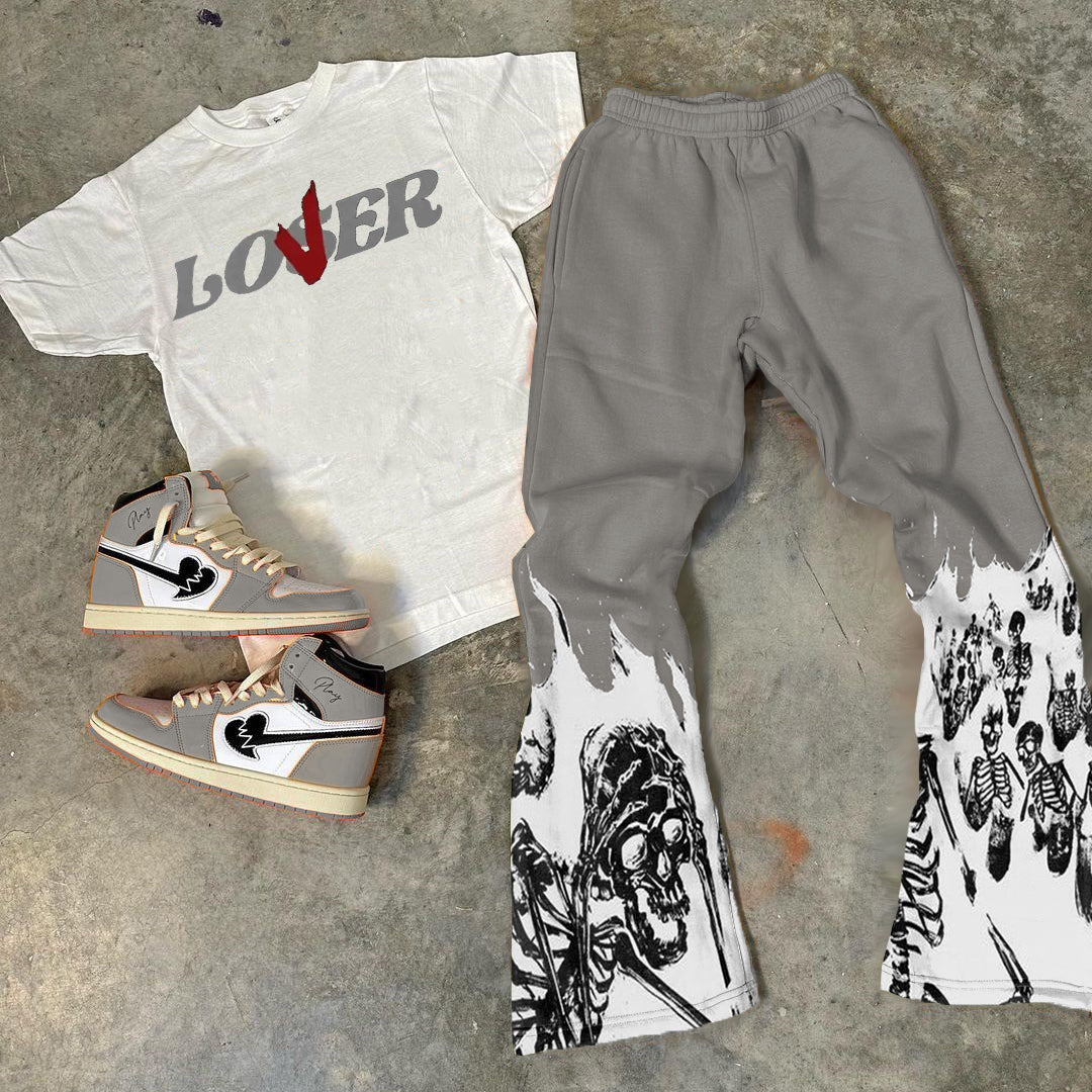 Skull & Letters Print T-Shirt Trousers Two-Piece Set